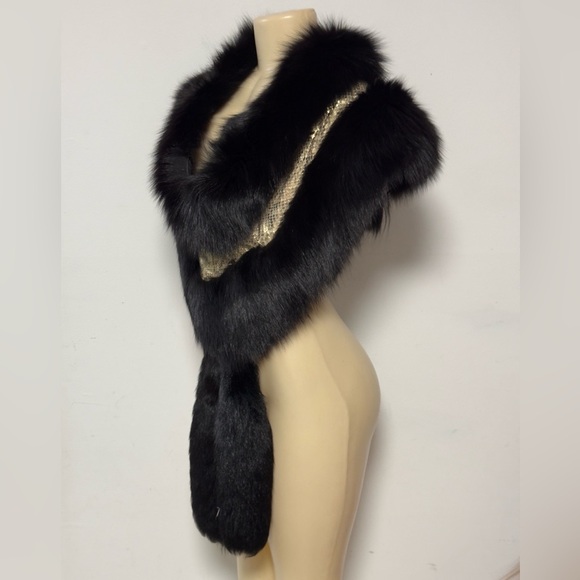 Vintage Black Mink Arctic Fox Fur Shawl Oversized Gold Trim Adjustable Stole - Picture 5 of 16
